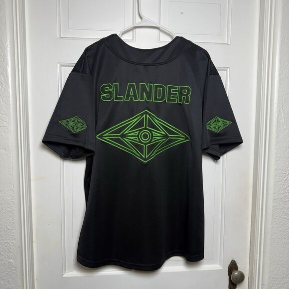 Slander EDM Black Baseball Jersey Neon Green Logo Size XL Rare Festival Merch - Picture 2 of 4